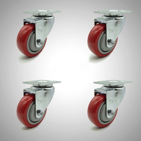 Service Caster 3.5 Inch SS Red Polyurethane Wheel Swivel Top Plate Caster Set SCC-SS20S3514-PPUB-RED-4